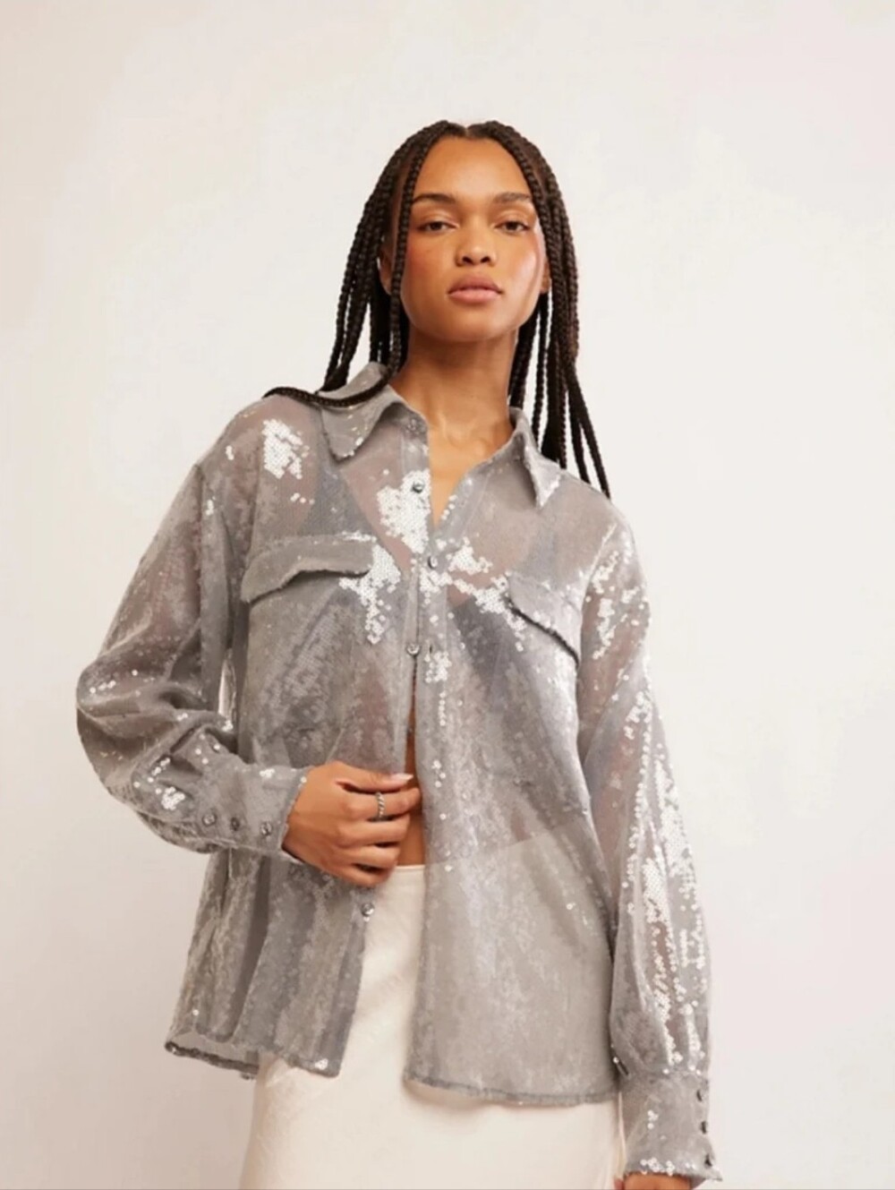Free People Disco Margarita Silver Sequin Button-Up Shirt